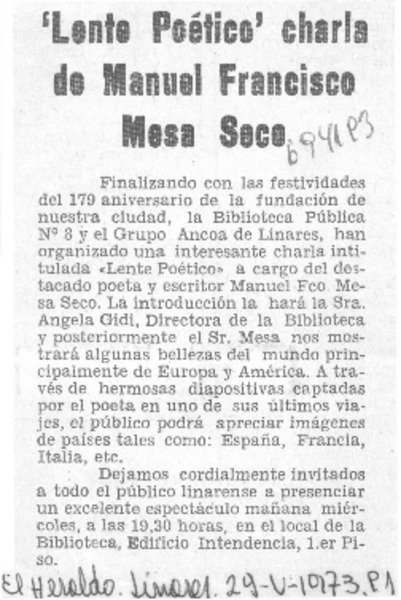 Lente poético" charla de Manuel Francisco Mesa Seco.