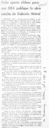 Falta aporte chileno para que OEA publique la obra inédita de Gabriela Mistral.