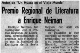 Premio regional de literatura a Enrique Neiman.