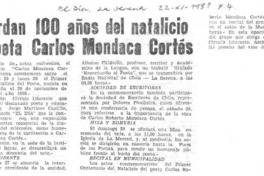 Recuerdan 100 años del nataliciio del poeta Carlos Mondaca Cortés.