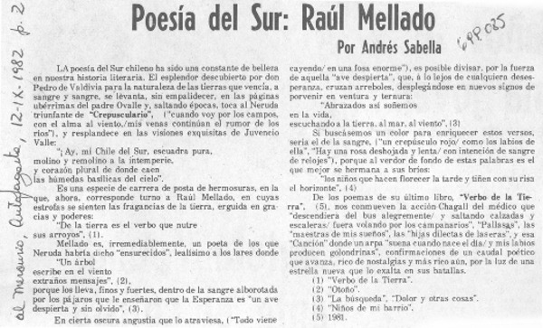 Poesía del sur: Raúl Mellado