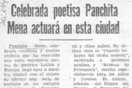 Celebrada poetisa Panchita Mena actuará en esta ciudad.