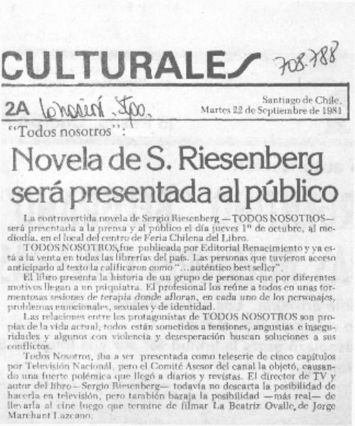 Novela de S. Riesenberg será presentada al público.