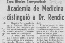 Academia de Medicina distinguió a dr. Rendic.