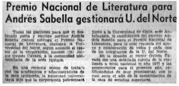 Premio Nacional de Literatura para Andrés sabella gestionará U. del Norte.