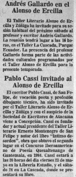 Pablo Cassi invitado al Alonso de Ercilla.