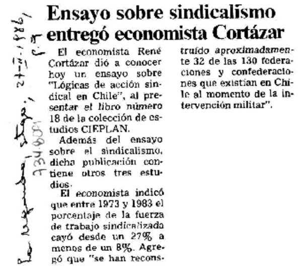 Ensayo sobre sindicalismo entregó economista Cortázar.