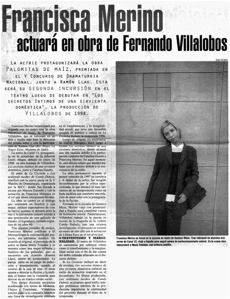 Francisca Merino actuará en obra de Fernando Villalobos.