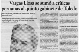 Vargas Llosa se sumó a críticas peruanas al quinto gabinete de Toledo