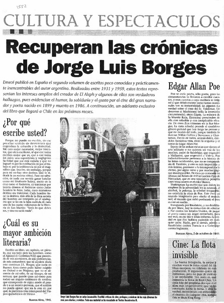 Recuperan las crónicas de Jorge Luis Borges.