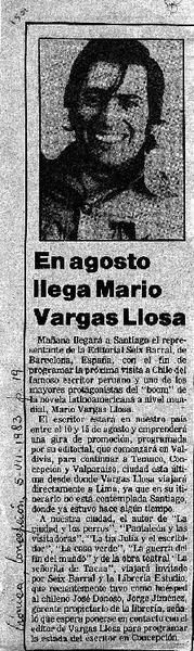 En agosto llega Mario Vargas Llosa.