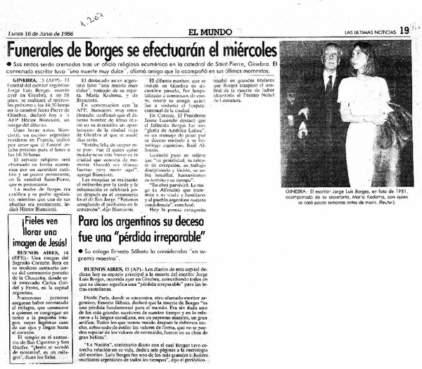 Funerales de Borges se efectuarán el miércoles.