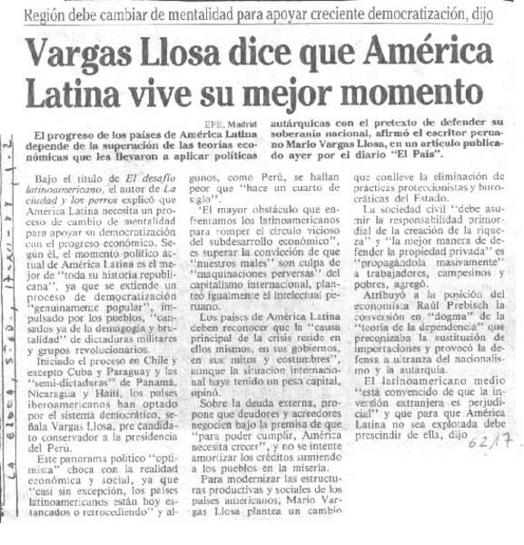 Vargas Llosa dice que América Latina vive su mejor momento.