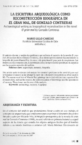 La escritura arqeuológica como reconstrucción biográfica en El gran mal, de Gonzalo Contreras