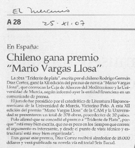 Chileno gana premio "Mario Vargas Llosa"