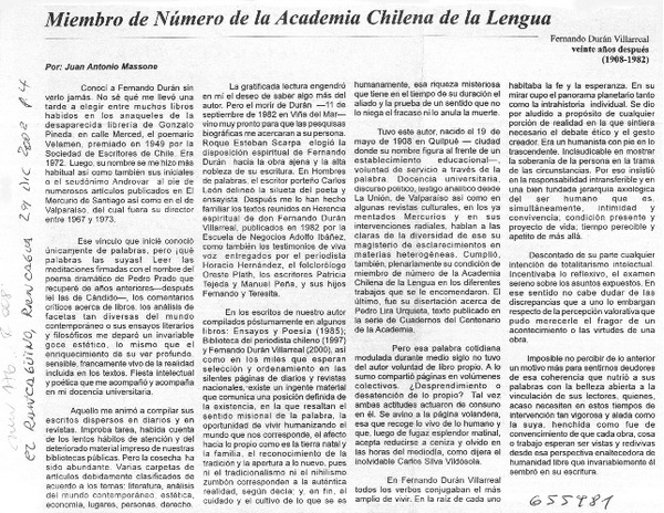 Miembro de número de la Academia chilena de la lengua.  [artículo] Juan Antonio Massone.