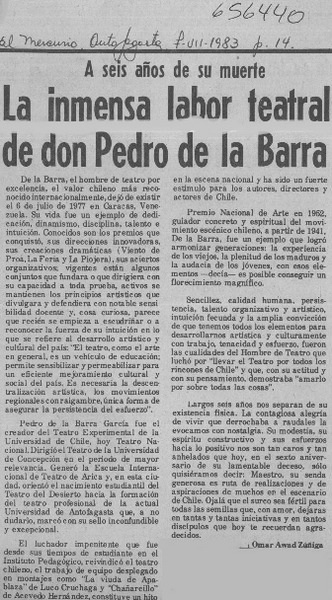 La inmensa labor teatral de don Pedro de la Barra  [artículo] Omar Awad Zuñiga.