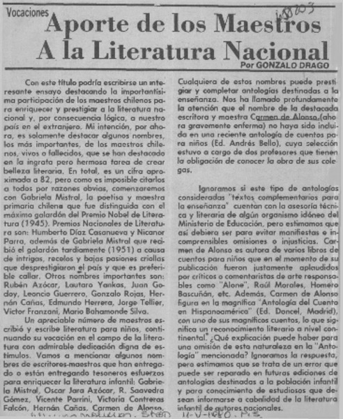 Aporte de los maestros a la Literatura Nacional  [artículo] Gonzalo Drago.