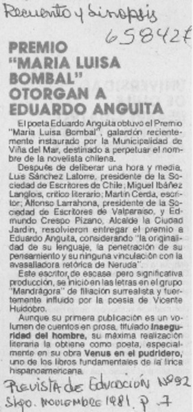 Premio "María Luisa Bombal" otorgan a Eduardo Anguita.