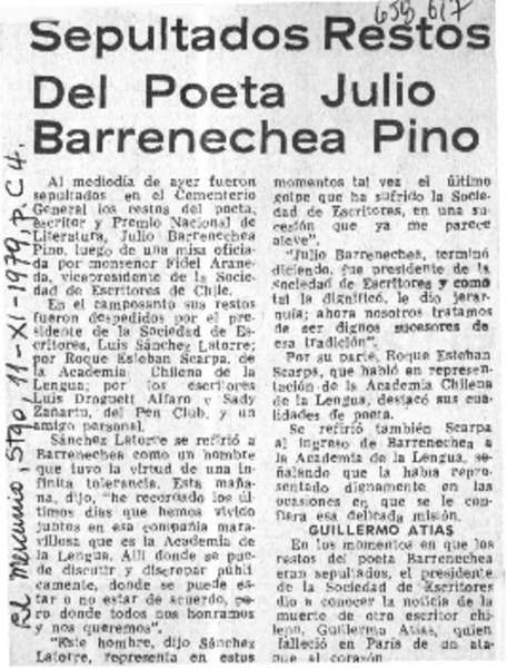 Sepultados restos del poeta Julio Barrenechea Pino.  [artículo]