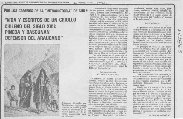 "Vida y escritos de un criollo chileno del siglo XVII, Pineda y Bascuñán, defensor del araucano"