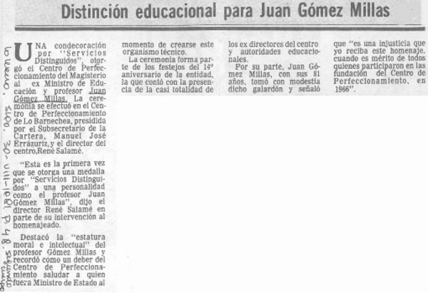 Distinción educacional para Juan Gómez Millas.