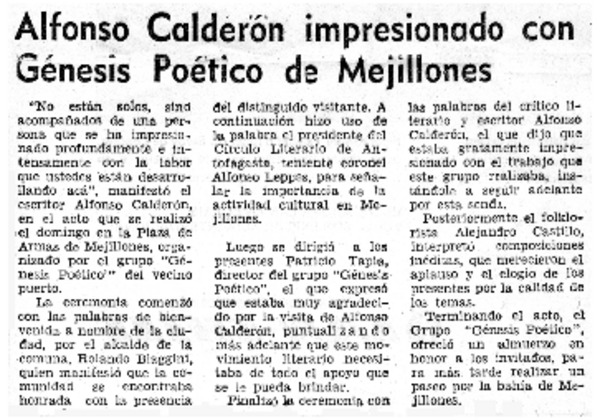 Alfonso Calderón impresionado con Génesis poético de Mejillones.