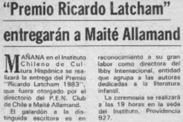Premio Ricardo Latcham" entregarán a Maité Allamand.