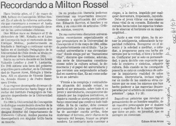 Recordando a Milton Rossel  [artículo] Edison Arias Arcos.
