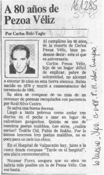 A 80 años de Pezoa Véliz  [artículo] Carlos Ruiz-Tagle .
