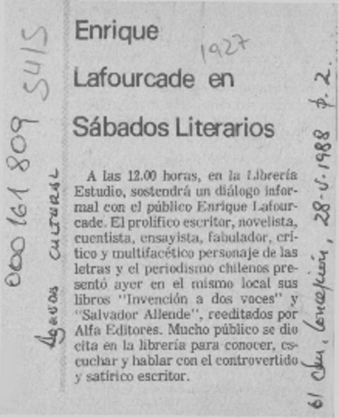 Enrique Lafourcade en sábados literarios  [artículo].