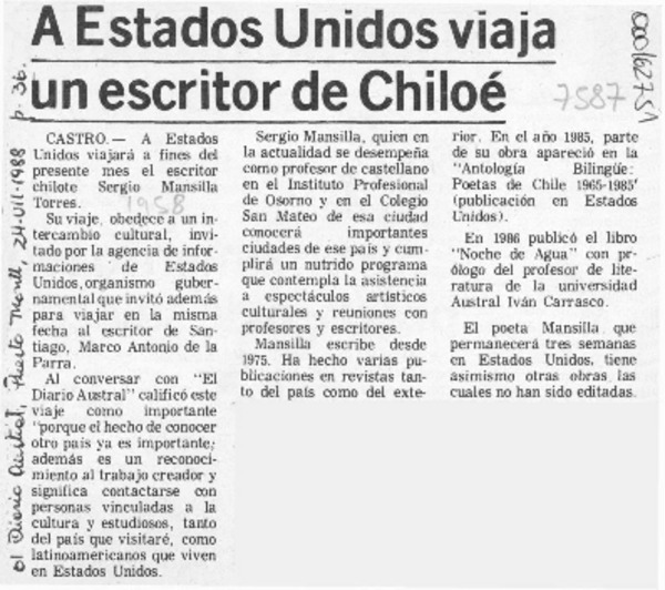 A Estados Unidos viaja un escritor de Chiloé  [artículo].