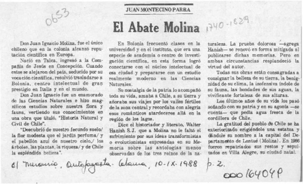 El Abate Molina  [artículo] Juan Montecino Parra.