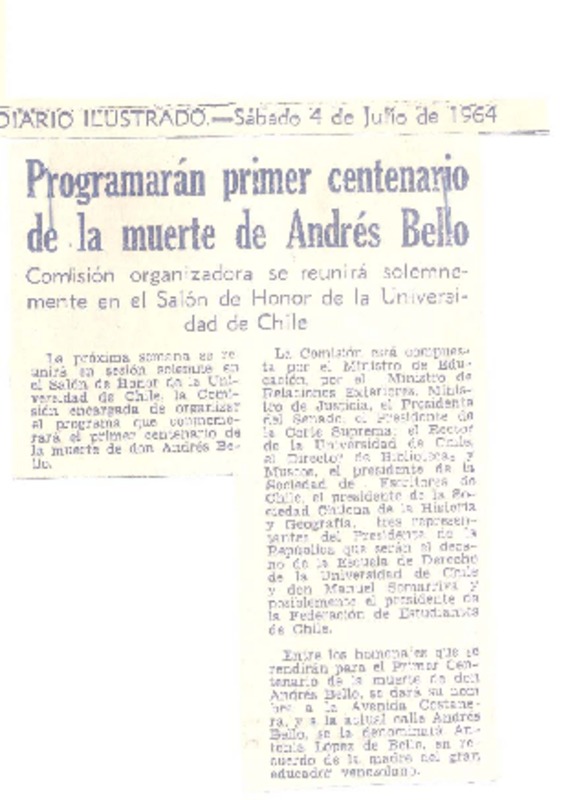 Programarán primer centenario de la muerte de Andrés Bello