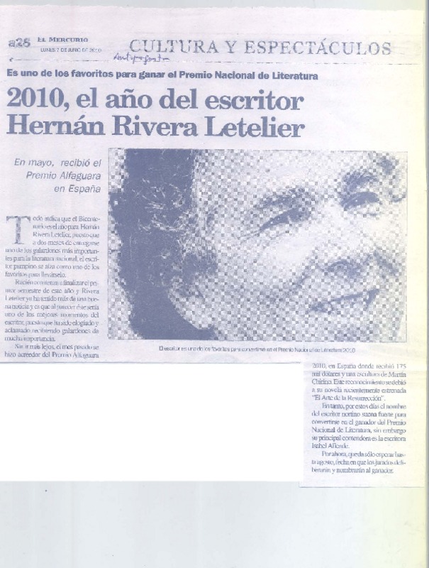 2010, el año del escritor Hernán Rivera Letelier