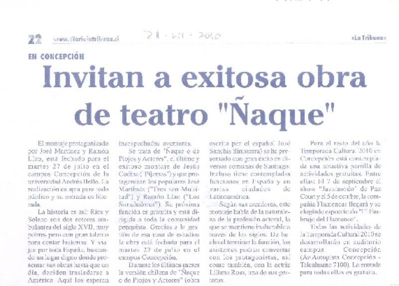 Invitan a exitosa obra de teatro "Ñaque"