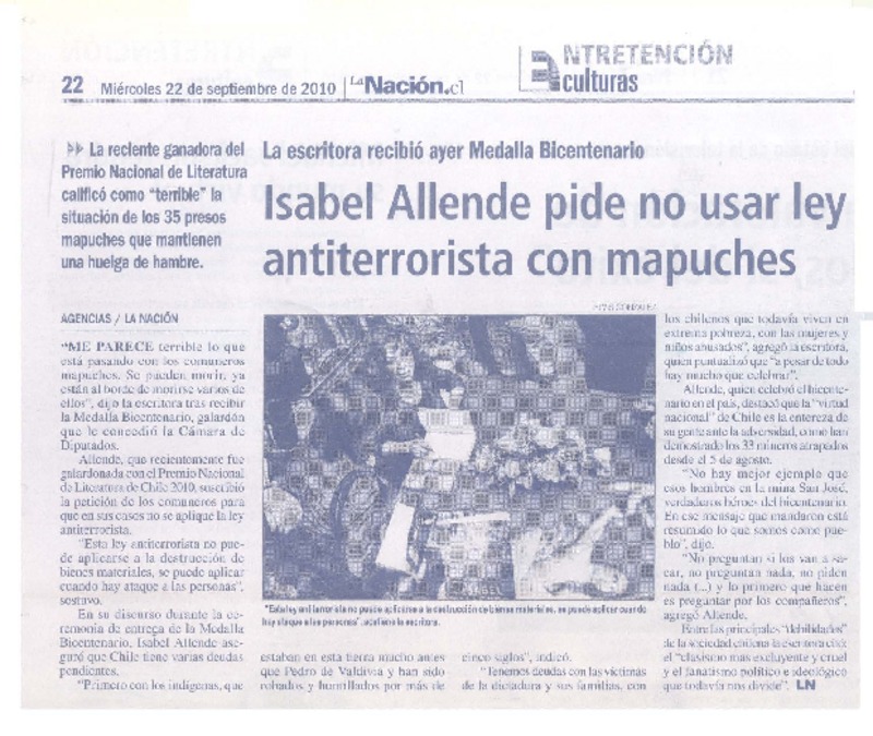 Isabel Allende pide no usar ley antiterrorista con mapuches