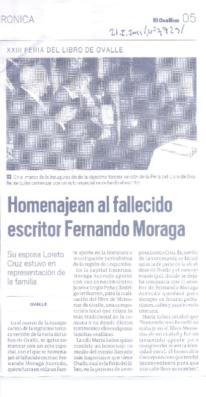 Homenajean al fallecido escritor Fernando Moraga
