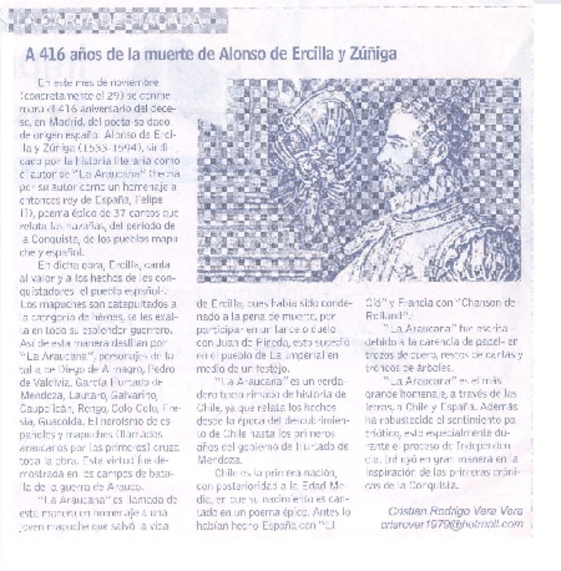 A 416 años de la muerte de Alonso de Ercilla y Zúñiga