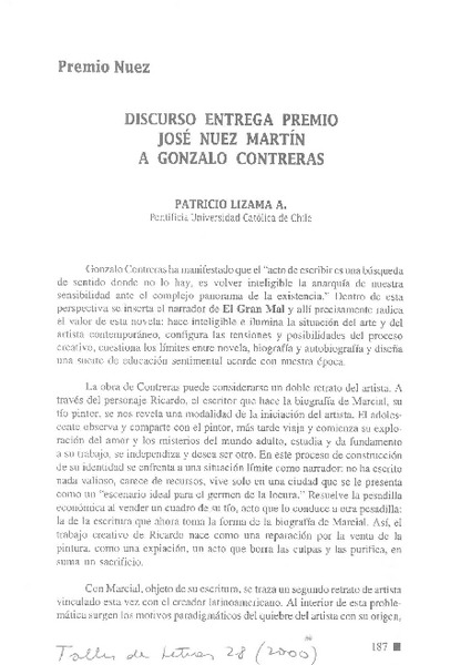 Discurso entrega Premio José Nuez Martín a Gonzalo Contreras  [artículo] Patricio Lizama A.