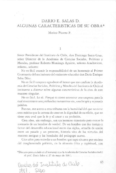 Darío E. Salas D. algunas características de su obra  [artículo] Marino Pizarro P.