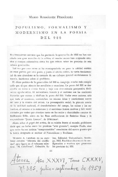 Populismo, formalismo y modernismo en la poesía del 900.  [artículo]
