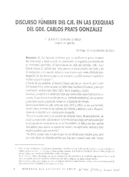 Discurso fúnebre del Cje. en las exequias del Gde. Carlos Prats González  [artículo] Juan Emilio Cheyre Espinosa.