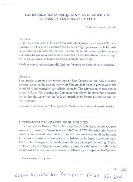 Las recreaciones del Quijote en el siglo XIX: el caso de Ventura de la Vega  [artículo]Mariela Insúa Cereceda.