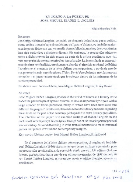 En torno a la poesía de José Miguel Ibáñez Langlois  [artículo]Eddie Morales Piña.