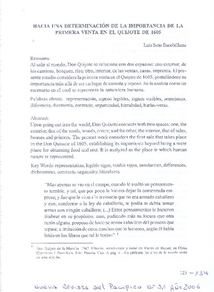 Hacia una determinación de la importancia de la primera venta en El Quijote de 1605  [artículo]Luis Soto Escobillana.