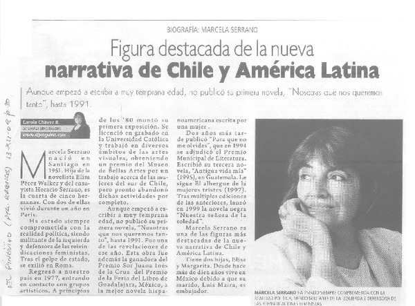 Figura destacada de la nueva narrativa de Chile y América Latina  [artículo] Carola Chávez B.