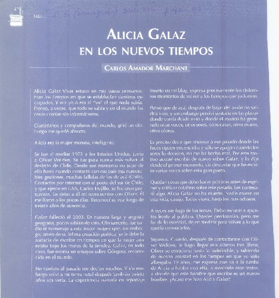 Alicia Galaz en los nuevos tiempos  [artículo] Carlos Amador Marchant.