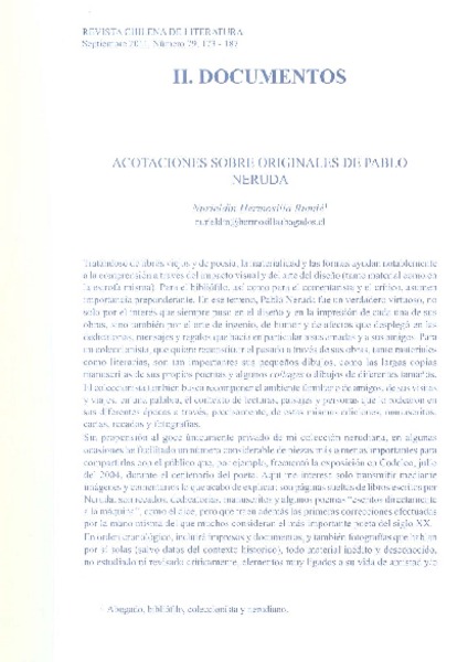 Acotaciones sobre originales de Pablo Neruda  [artículo] Nurieldin Hermosilla Rumié.
