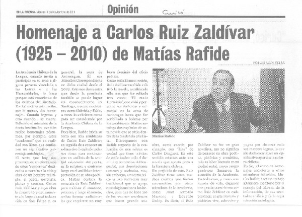 Homenaje a Carlos Ruiz Zaldívar (1925-2010) de Matías Rafide  [artículo] Luis Agoni Molina.